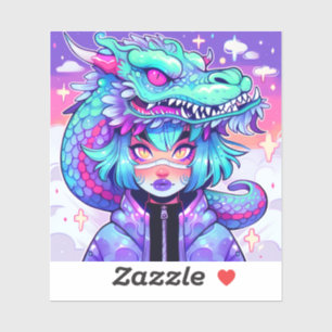 Adesivo Kawaii Dragon Headdress Girl in Vaporwave Skies