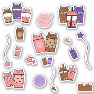 Adesivo Kawaii Meow Tea Vinyl Sticker   Conjunto de 17 ade