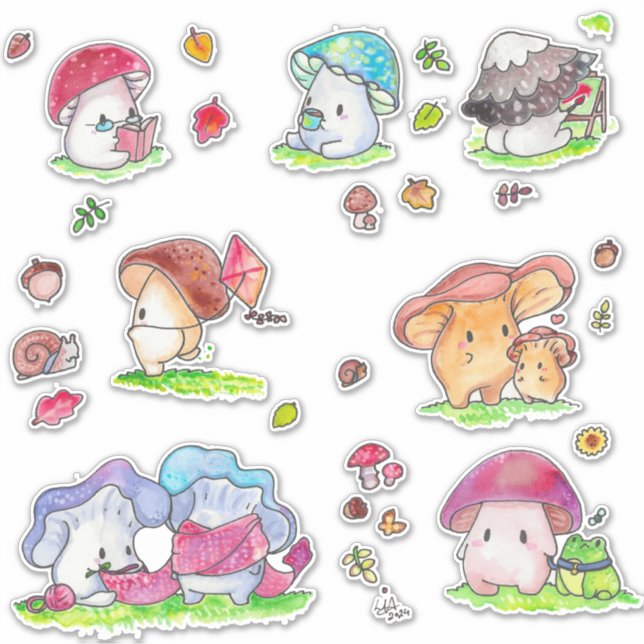 Adesivo Kawaii Mushroom Friends Sticker Assortion (Frente)