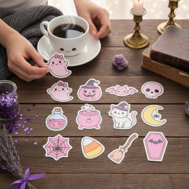 Adesivo Kawaii Pastel Halloween Magic Sticker Pack (Sweet Ghosts, Cats & Witchy Charms)