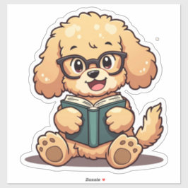 Adesivo Kawaii Poodle Lendo um Livro