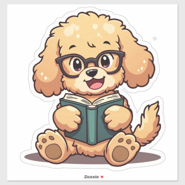 Adesivo Kawaii Poodle Lendo um Livro (Folha)