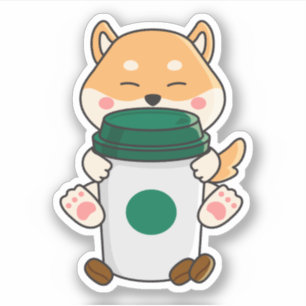 Adesivo Kawaii shiba inu bonito abraçando um café quente