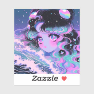 Adesivo Kawaii Star Sea Girl sob ondas cósmicas