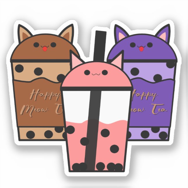 Adesivo Kawaii Trio Meow Tea Vinyl Sticker (Frente)