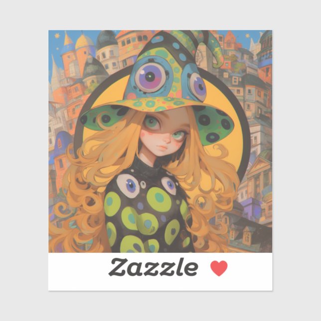 Adesivo Kawaii Witch & Eyeball Hat em Cidade Fantástica (Folha)