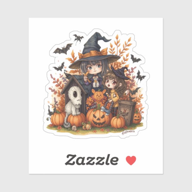 Adesivo Kawaii Witches with Ghost Puppy and Pumpkins (Folha)