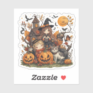 Adesivo Kawaii Witches with Ghost Puppy and Pumpkins