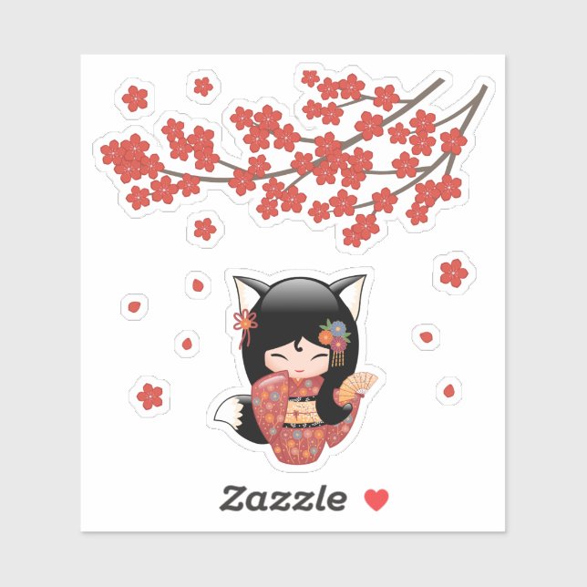 Adesivo Kitsune Kokeshi Doll - Rapariga Negra Fox Geisha (Folha)