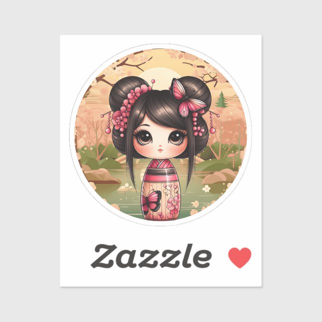 Adesivo kokeshi Doll Sticker, estilo kawaii (Folha)