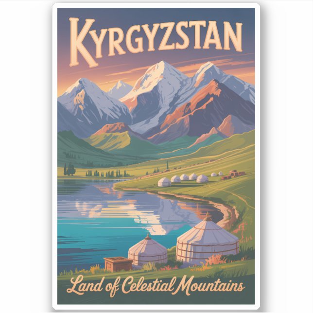 Adesivo Kyrgyzstan Mountains Illustration Travel Art Vinta (Frente)