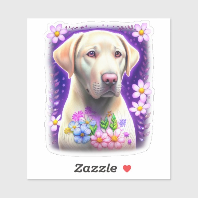 Adesivo Labrador Branco com Vinheta Flores (Folha)