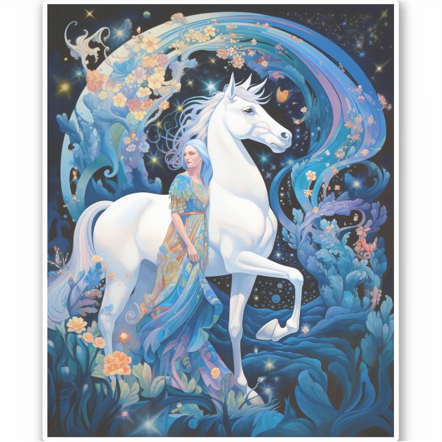 Adesivo Lady and White Horse Fantasy Art (Frente)
