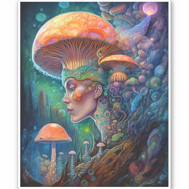 Adesivo Lady E Cogumelos Surreal Fantasy Art (Frente)