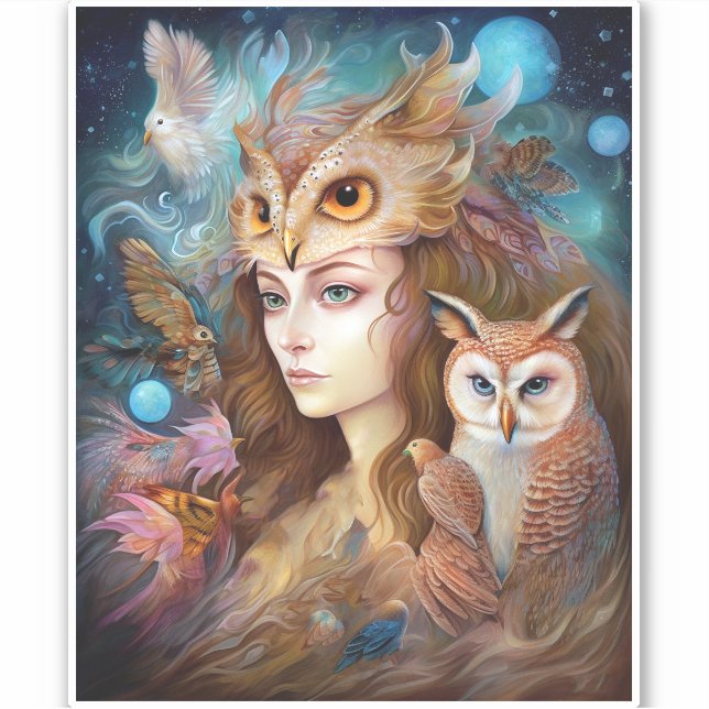 Adesivo Lady With Owl Surreal Fantasy Art (Frente)