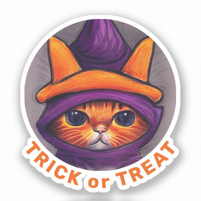 Adesivo Laranja Gato Roxo de Bruxa Trick Treat Halloween (Frente)