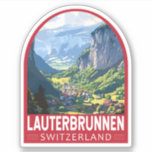 Adesivo Lauterbrunnen Suiça Art Vintage<br><div class="desc">Lauterbrunnen retro vetor viagem design. Colocado num vale com penhascos rochosos e as rugas cataratas de Staubbach.</div>