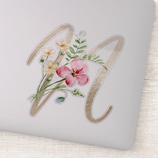 Adesivo Letra Dourada Faux "N" Flores Selvagens de Aquarel (Detalhe)