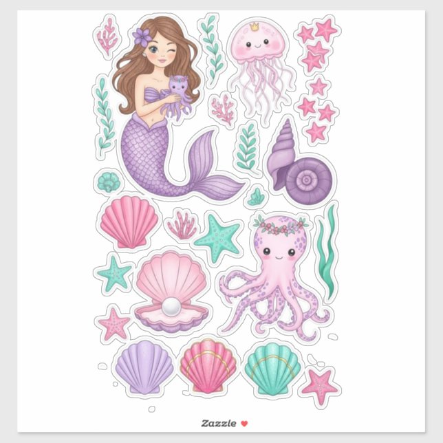Adesivo Lilac Mermaid & Cute Octopus Vinyl Sticker (Folha)
