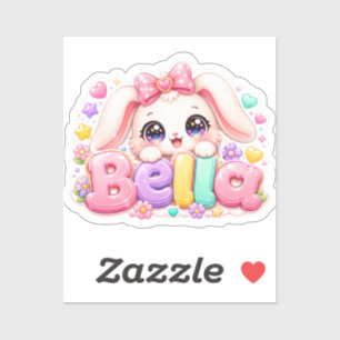 Adesivo Linda Kawaii Bella Bunny Nome Pastel Rosa Floral B