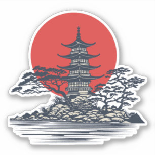Adesivo Linda paisagem japonesa com o nascer do sol