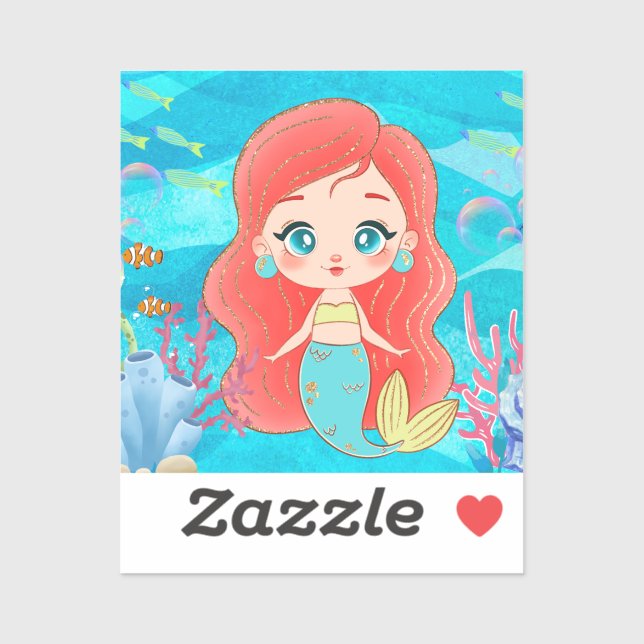 Adesivo Linda sereia do CABELO VERMELHO tocando no mar (Folha)