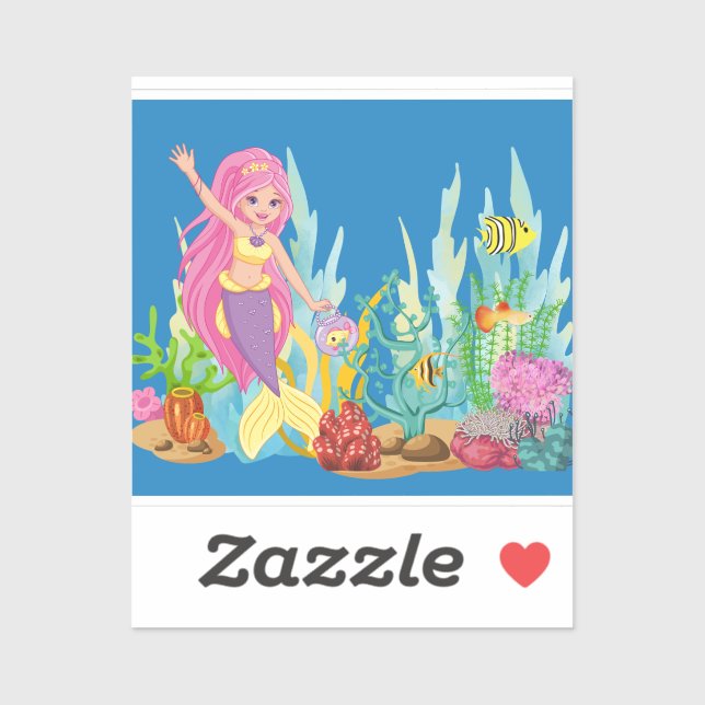 Adesivo Linda sereia PINK HAIR tocando no mar (Folha)