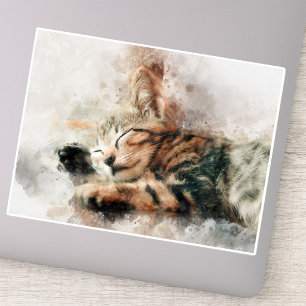 Adesivo Lindo e fofo gatinho dormindo aquarela