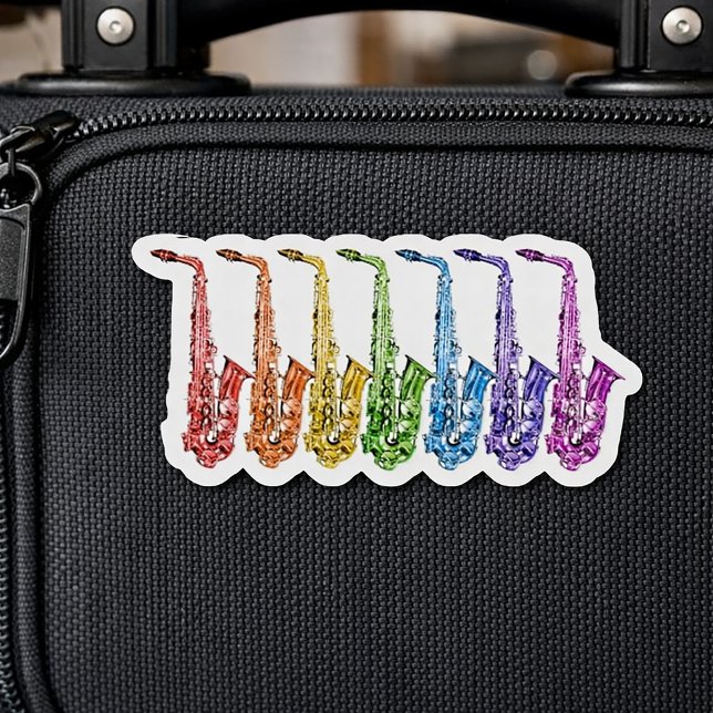 Adesivo Linha Colorida de Saxofone Arco-íris (A sticker with saxophones in red, orange, yellow, green, blue, purple & pink.)