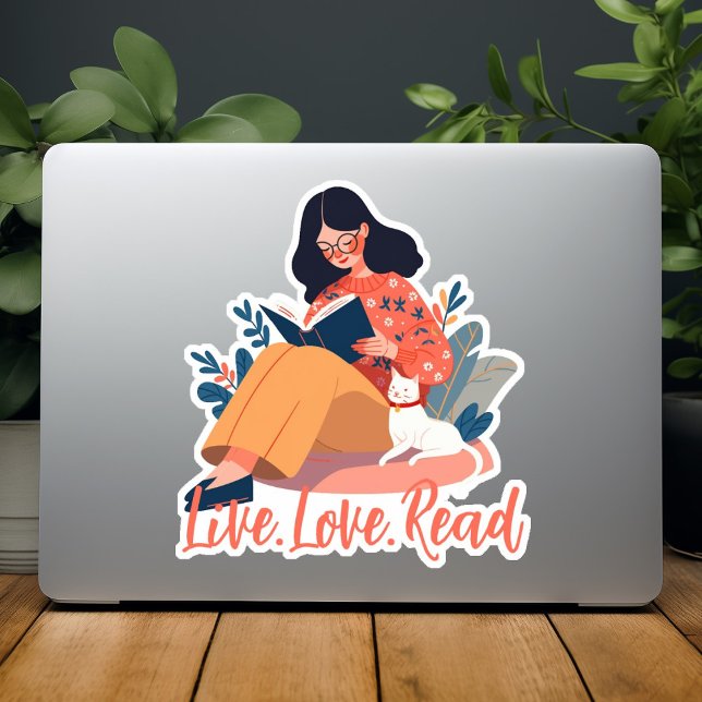 Adesivo Livro de Leitura de Mulher Bonita de Cartoon com C (Cartoon Cute Woman Reading Book with Cat Custom Sticker)