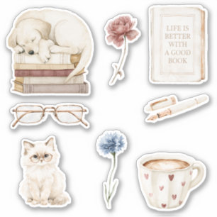 Adesivo Livros Cachorro Gato Flores