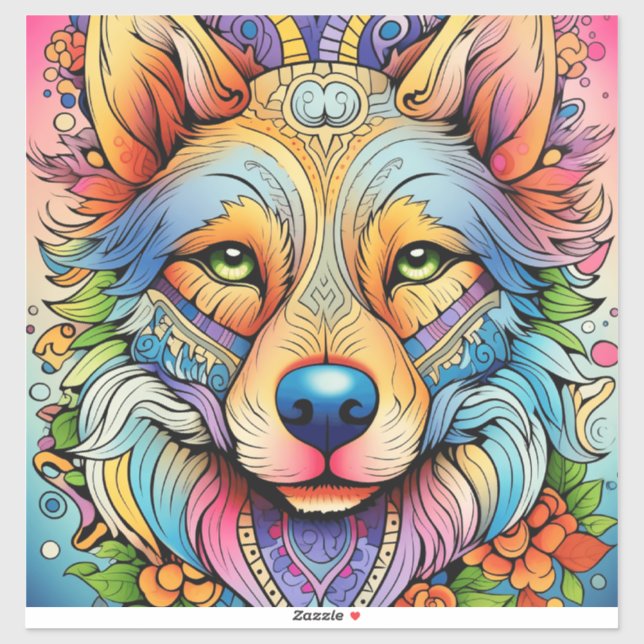 Adesivo Lobo Mandala com Acentos Florais (Folha)