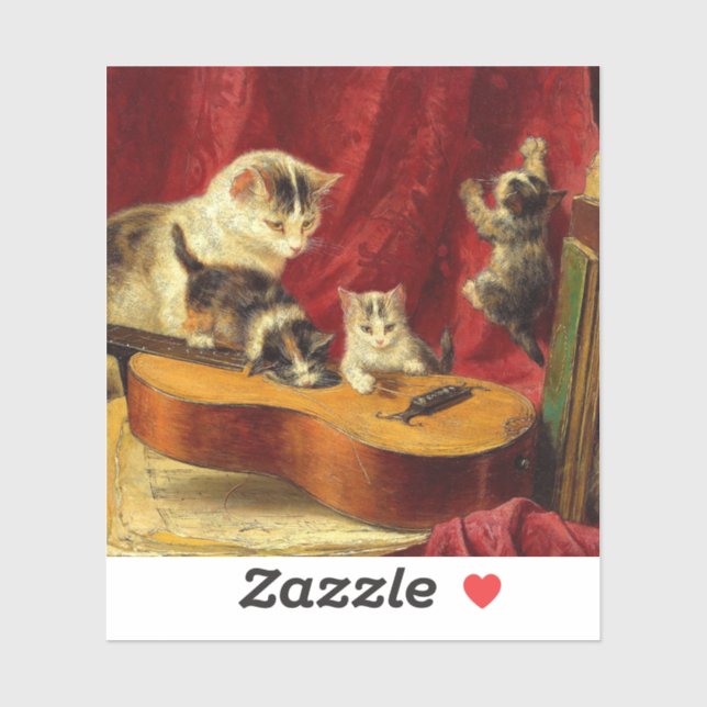 Adesivo Mãe Gato e Gatinhos Brincando com Violão (Folha)