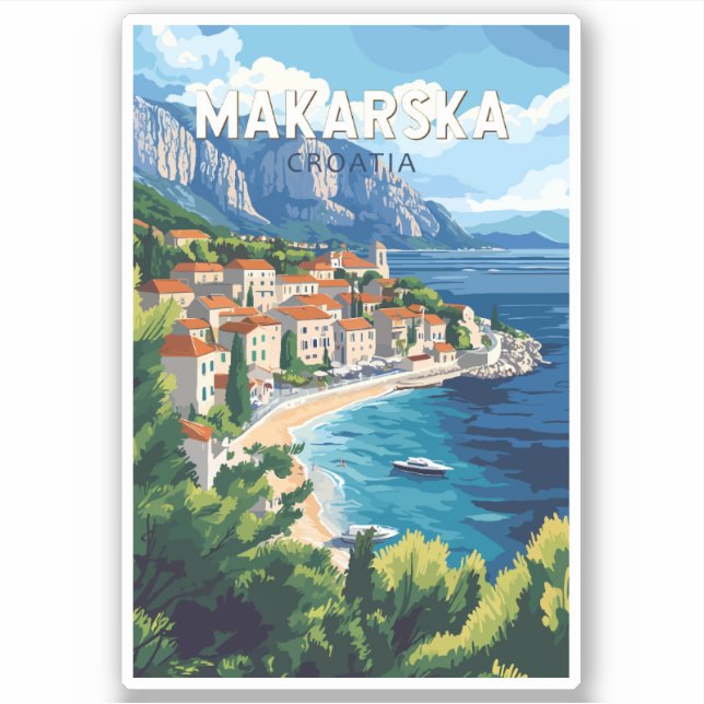 Adesivo Makarska Croácia Illustração Viagem Art Vintage (Frente)