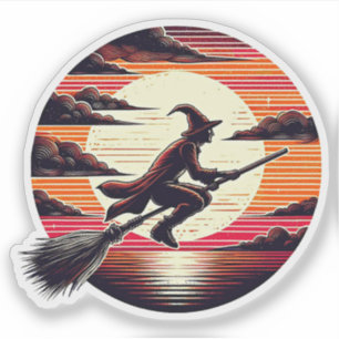 Adesivo Male Witch cavalgando Broom na ilustração da arte