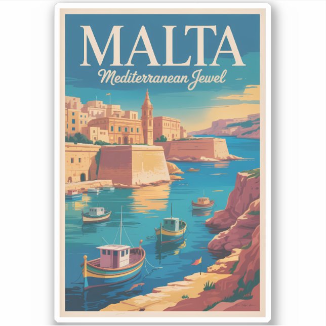 Adesivo Malta Coast Illustration Travel Art Vintage (Frente)