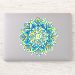 Adesivo Mandala Floral Monograma Azul Turquoise Amarelo