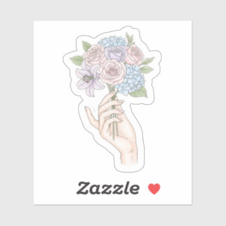 Adesivo Mão Segurando Buquê de Flores Pastel Sticker Retrô