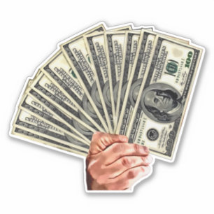 Adesivo mão segurando notas de cem dólares arte do dinheir