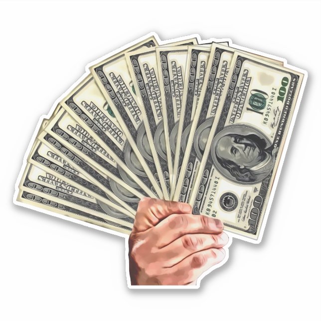 Adesivo mão segurando notas de cem dólares arte do dinheir (Frente)