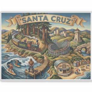 Adesivo Mapa Ilustrado de Santa Cruz Califórnia UCSC Wharf