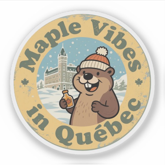 Adesivo Maple Vibes em Québec com um Castor Engraçado (Frente)