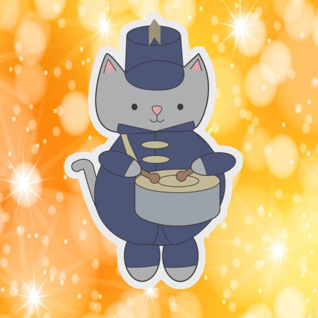 Adesivo Marching Band Gray Cat Drum Navy Blue Gold (A die cut sticker of a cat playing a snare drum in a navy blue & gold marching band uniform.)