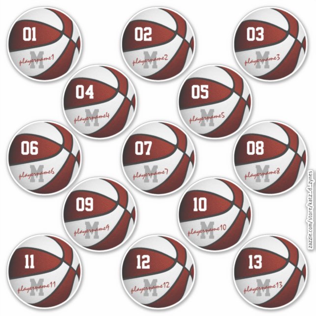 Adesivo maroon white basquetebol personalizado 13 jogadore (Frente)