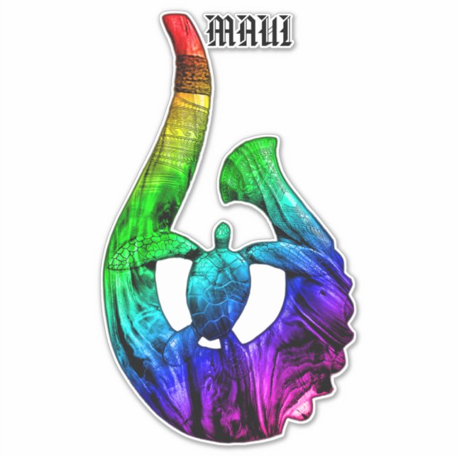 Adesivo Maui Honu Tribal Hook Neon Rainbow (Frente)