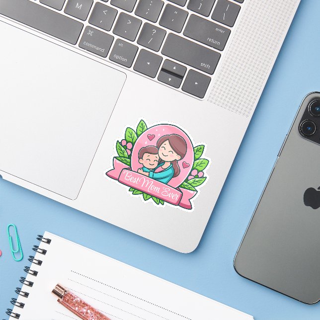 Adesivo Melhor Mãe De Sempre, Mãe E Criança, Personalizada (Notebook com iPhone)