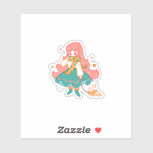 Adesivo Menina Anime Chibi Fofa Pastel com Gato em Vinil