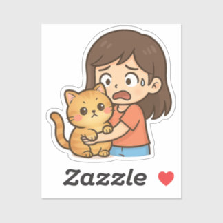 Adesivo Menina Assustada Abraçando seu Gato