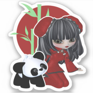 Adesivo Menina Chinesa Bonita Com Panda E Bambu