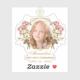 Adesivo Menina da Primeira Comunhão Foto Dourado Floral Or